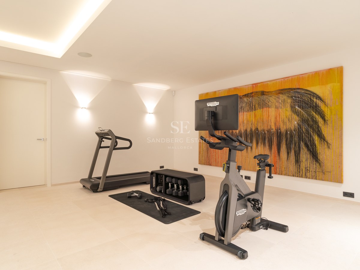 Minimalist home fitness room featuring a treadmill, stationary bike, weights, and a large abstract painting.