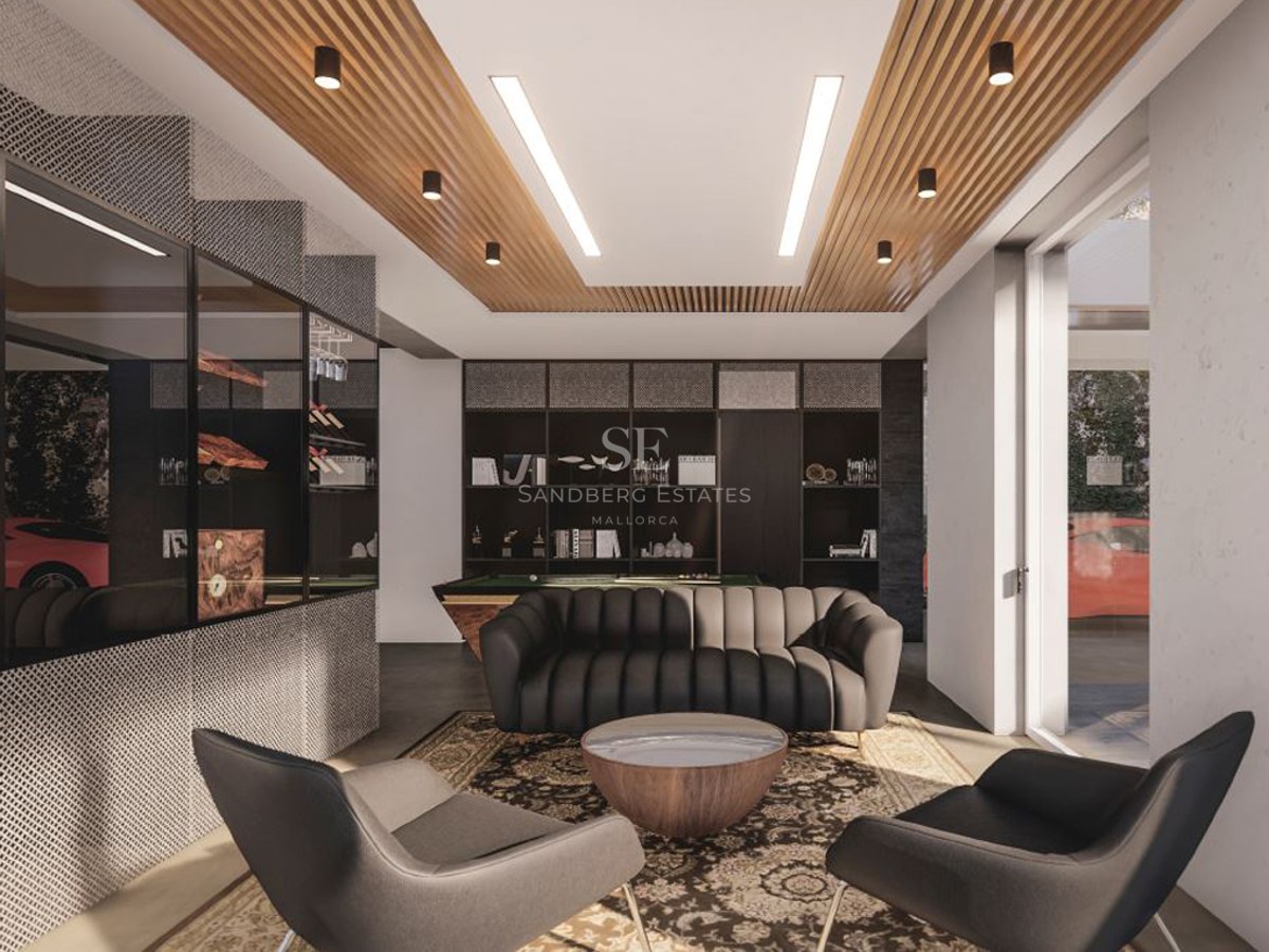 Modern game room featuring a pool table, dark leather sofa, slatted wood ceiling, and glass-walled wine display.