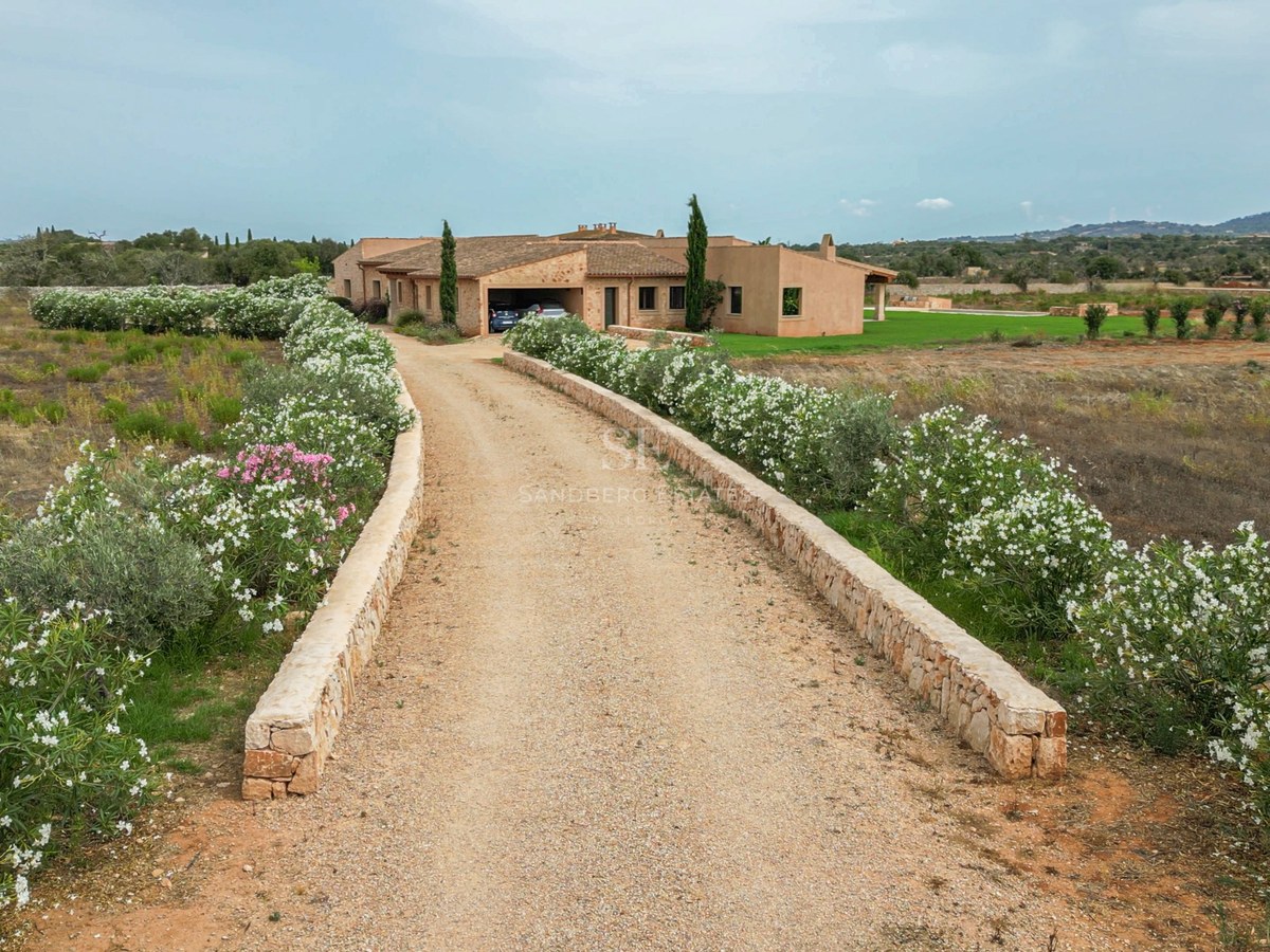 A gravel driveway lined with white oleander flowers leading to a rustic stone villa under a soft blue sky.