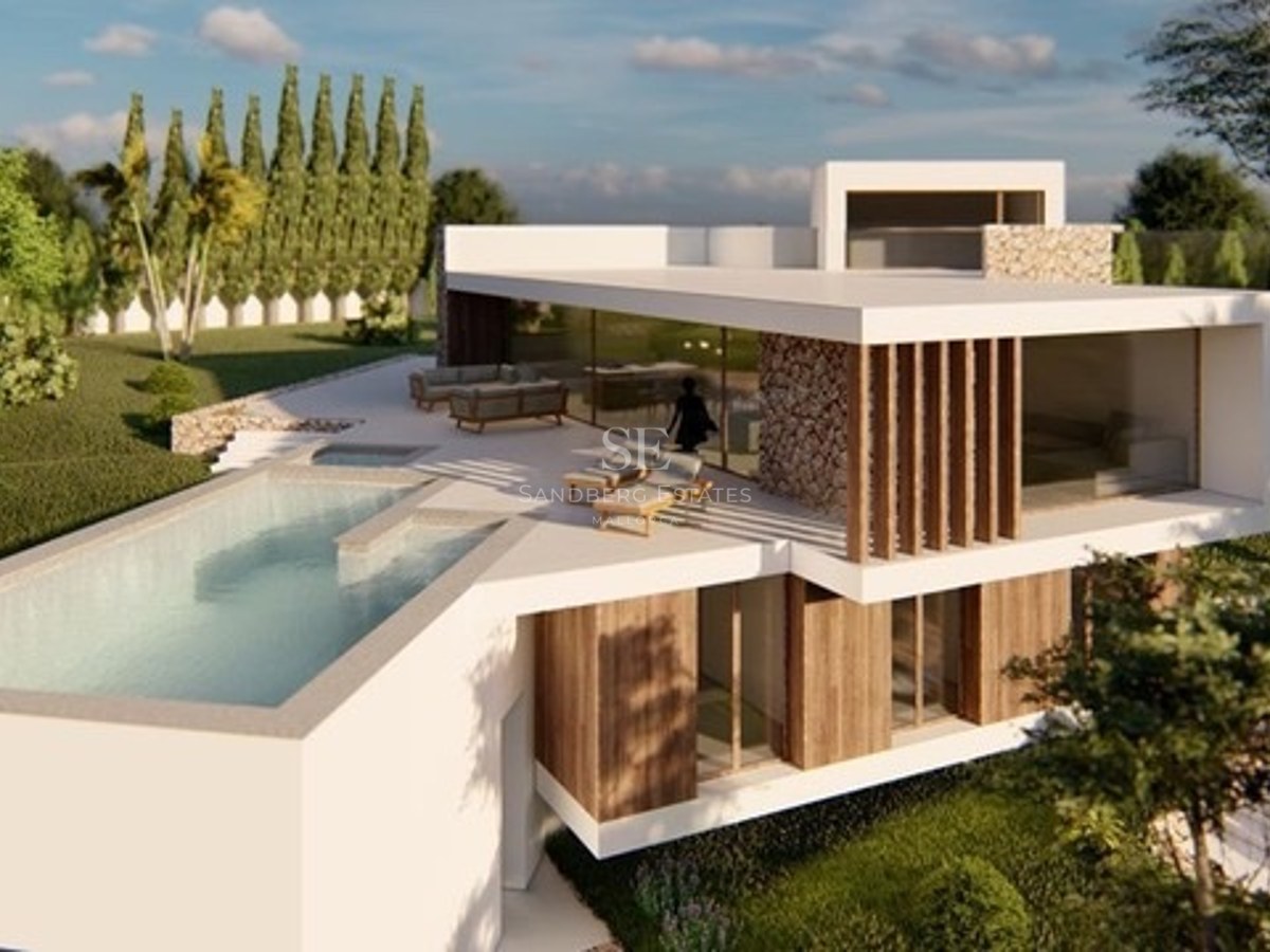 Modern vit villa med infinitypool, trädetaljer och stora fönsterpartier omgiven av grönska.