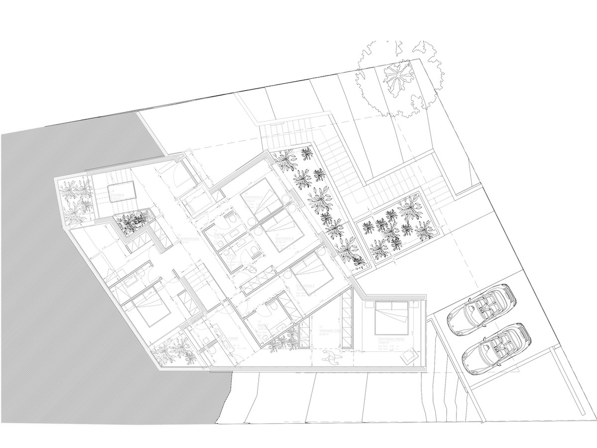 Top-down architectural floor plan showing bedrooms, bathrooms, hallways, and outdoor parking area with two cars.