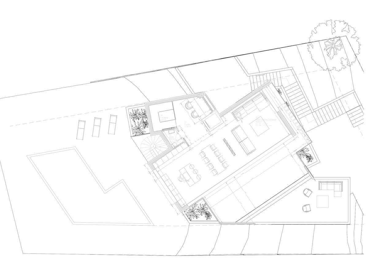 Black and white architectural floor plan showing an open-plan living area, terrace, swimming pool, and landscaping.