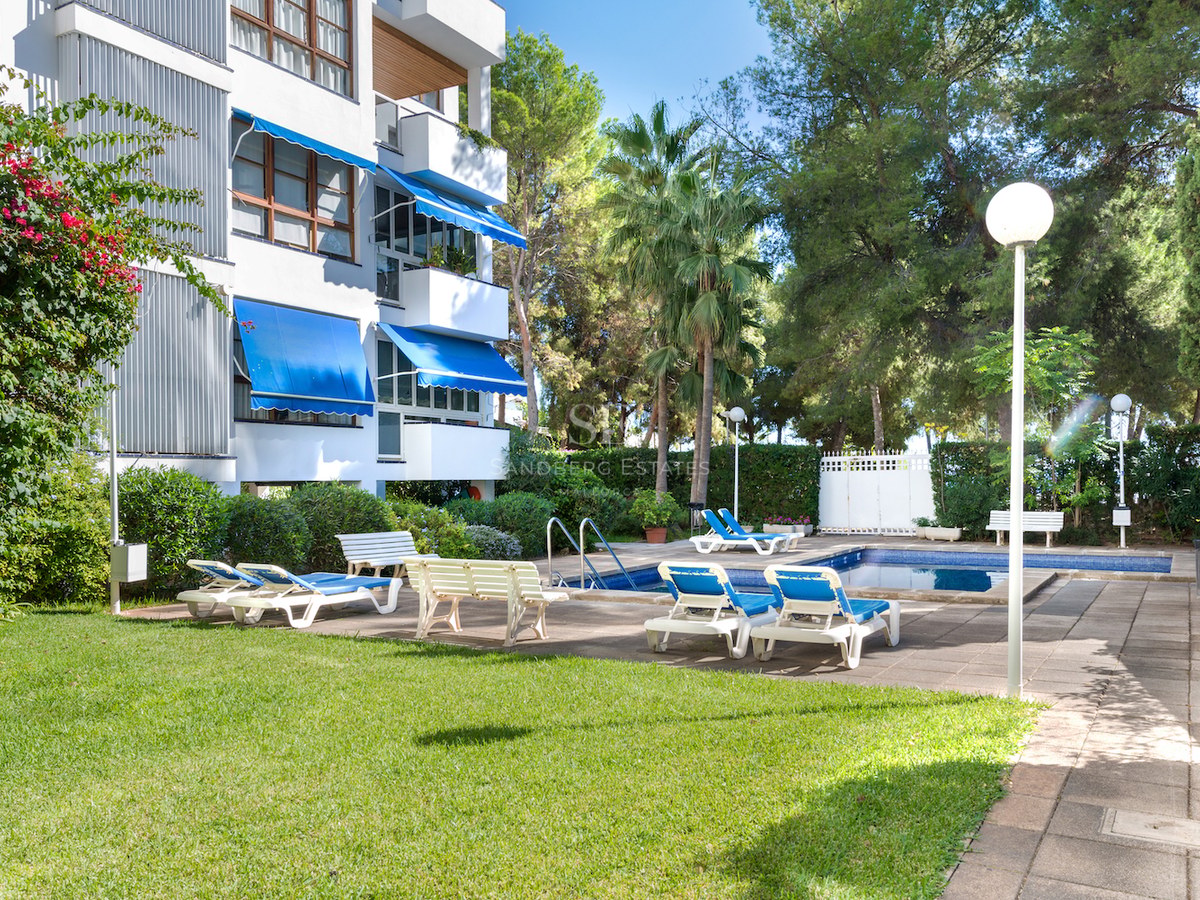 Outdoor swimming pool surrounded by sun loungers, green lawn, and palm trees next to a white apartment building.