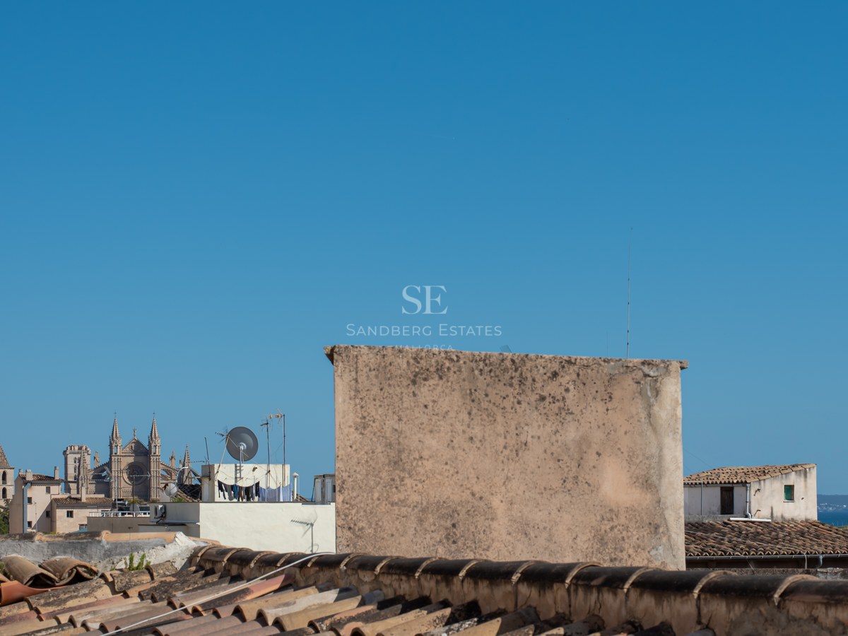 View from a tiled rooftop overlooking a historic Mediterranean city with a large Gothic cathedral under a clear blue sky.