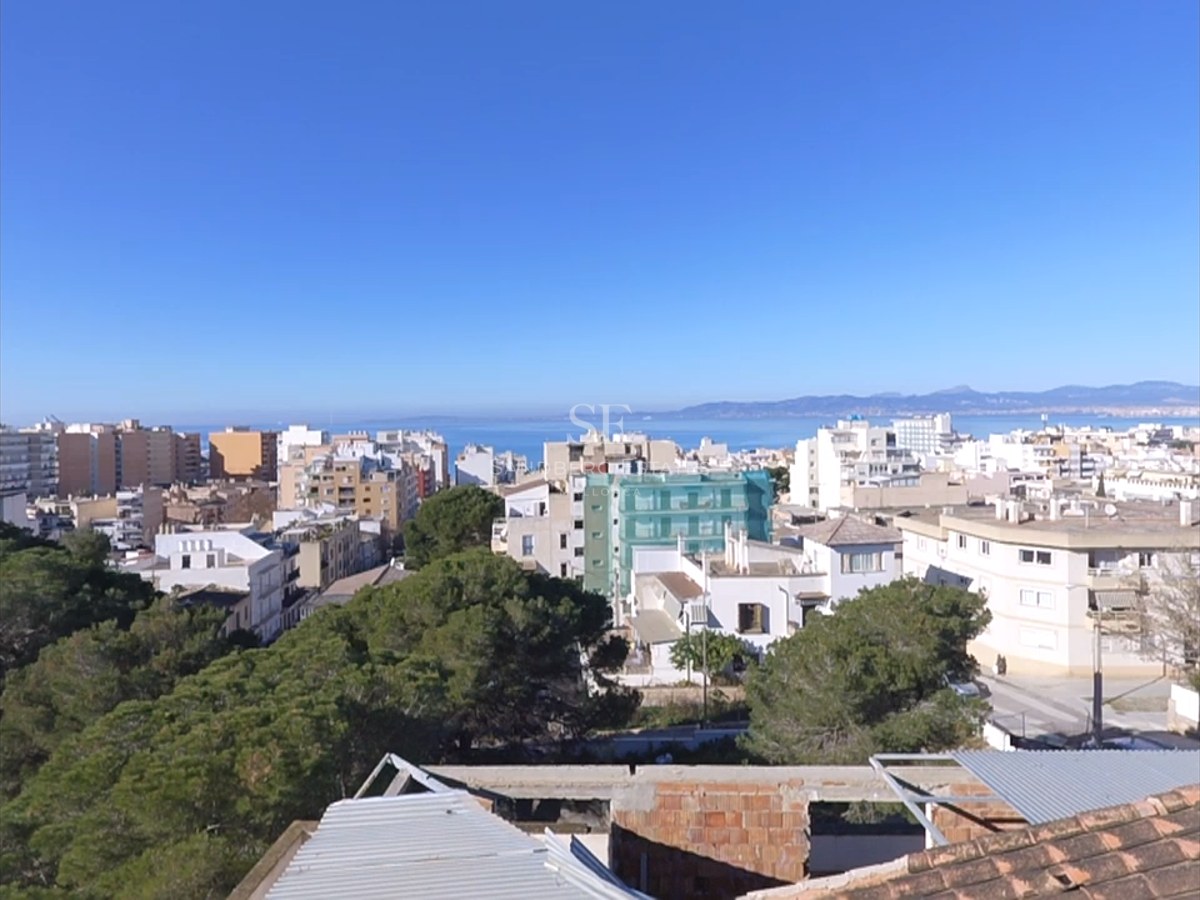 High-angle view of a coastal city with white buildings, green pine trees, and the blue Mediterranean sea in the background.
