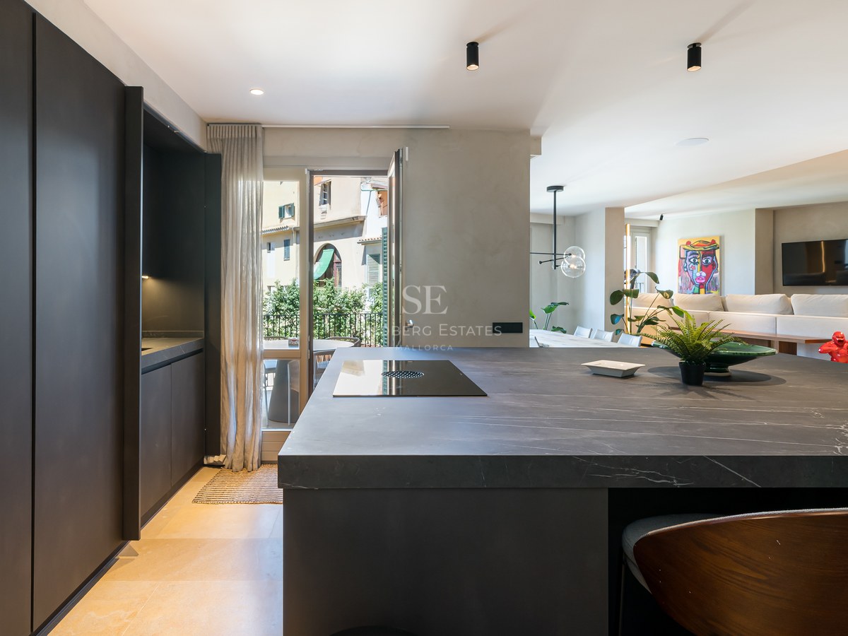 Modern dark stone kitchen island in an open-concept apartment with living area in the background.