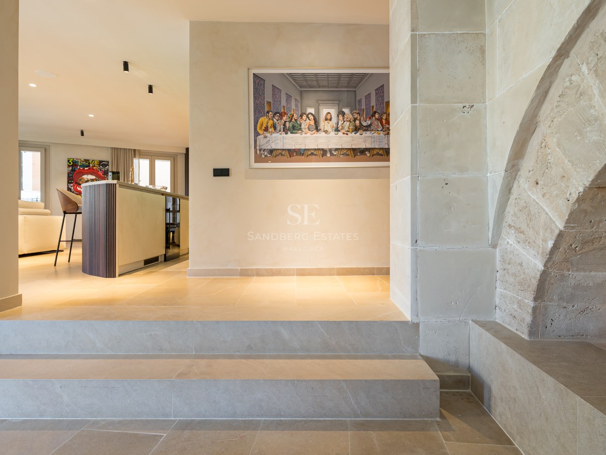 Interior entrance featuring stone steps, a rustic stone arch, and a modern kitchen in the background.