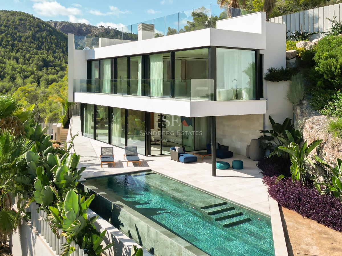 Exterior of a modern house with a pool and garden. Minimalist architecture, large windows, natural light and high-end finishes.