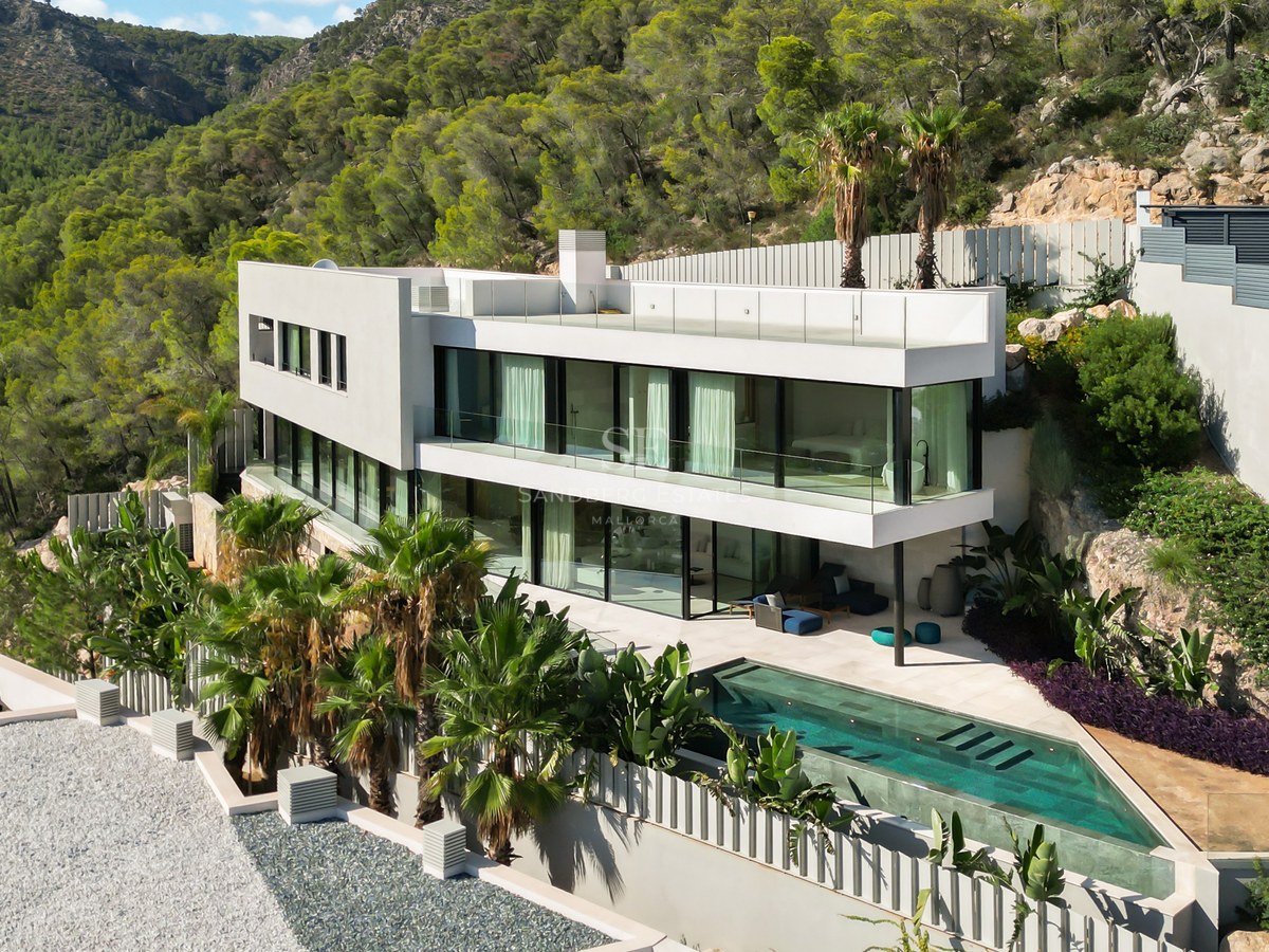Exterior view of a luxurious villa with infinity pool, lush garden and modern architecture. Ideal investment opportunity.