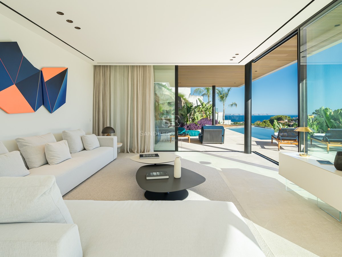 Exterior view of a modern villa featuring a swimming pool, large windows, and lush landscaping. Minimalist design.