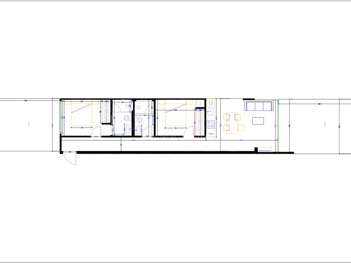 Detailed 2D floor plan of a modern two-bedroom apartment featuring two bathrooms and dual terraces.