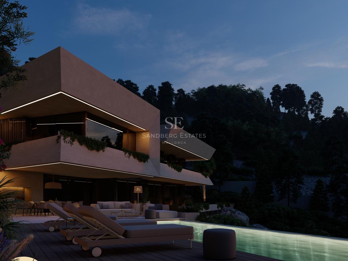 Villa de lujo contemporánea con piscina infinita iluminada, terrazas voladizas y zona de estar exterior al anochecer.