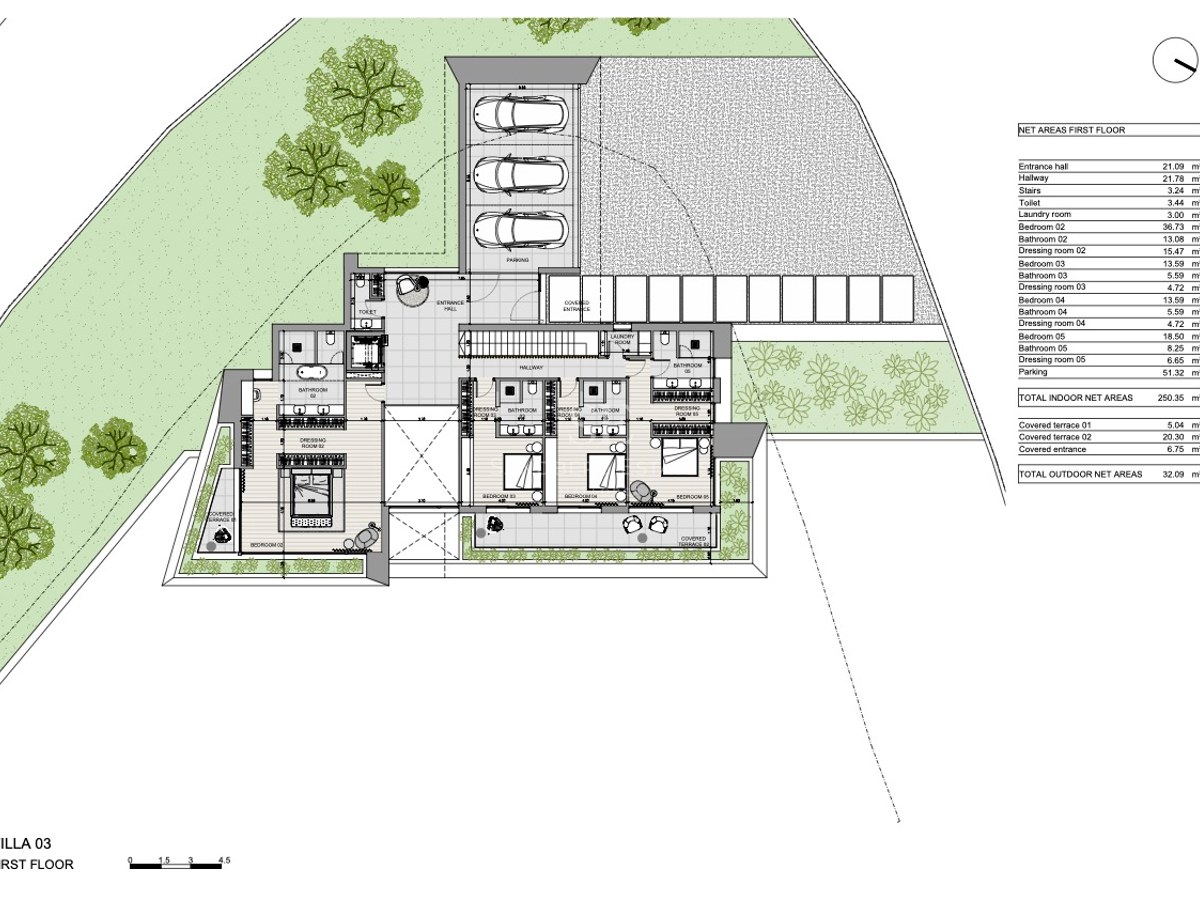 Plano arquitectónico detallado de la primera planta de Villa 03 con dormitorios, baños y terrazas.