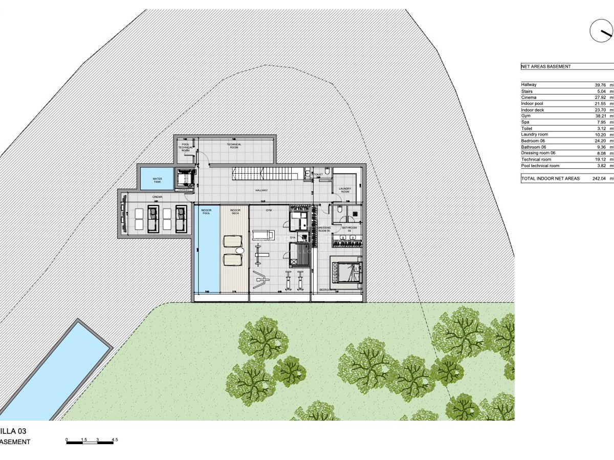 Plano técnico del sótano de una villa de lujo que incluye piscina interior, gimnasio, cine y suite de invitados.