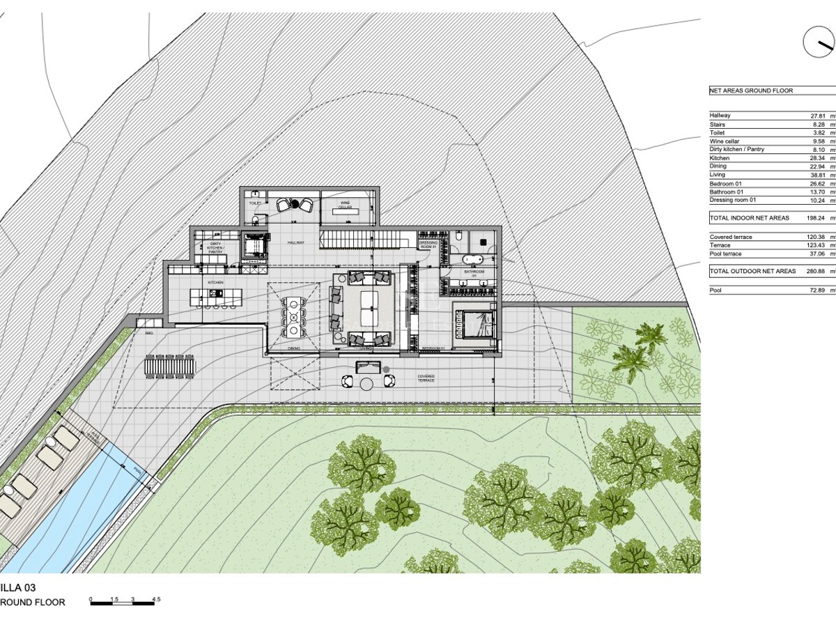 Plano arquitectónico de la planta baja de una villa de lujo con zonas de estar, suite principal y piscina infinita.