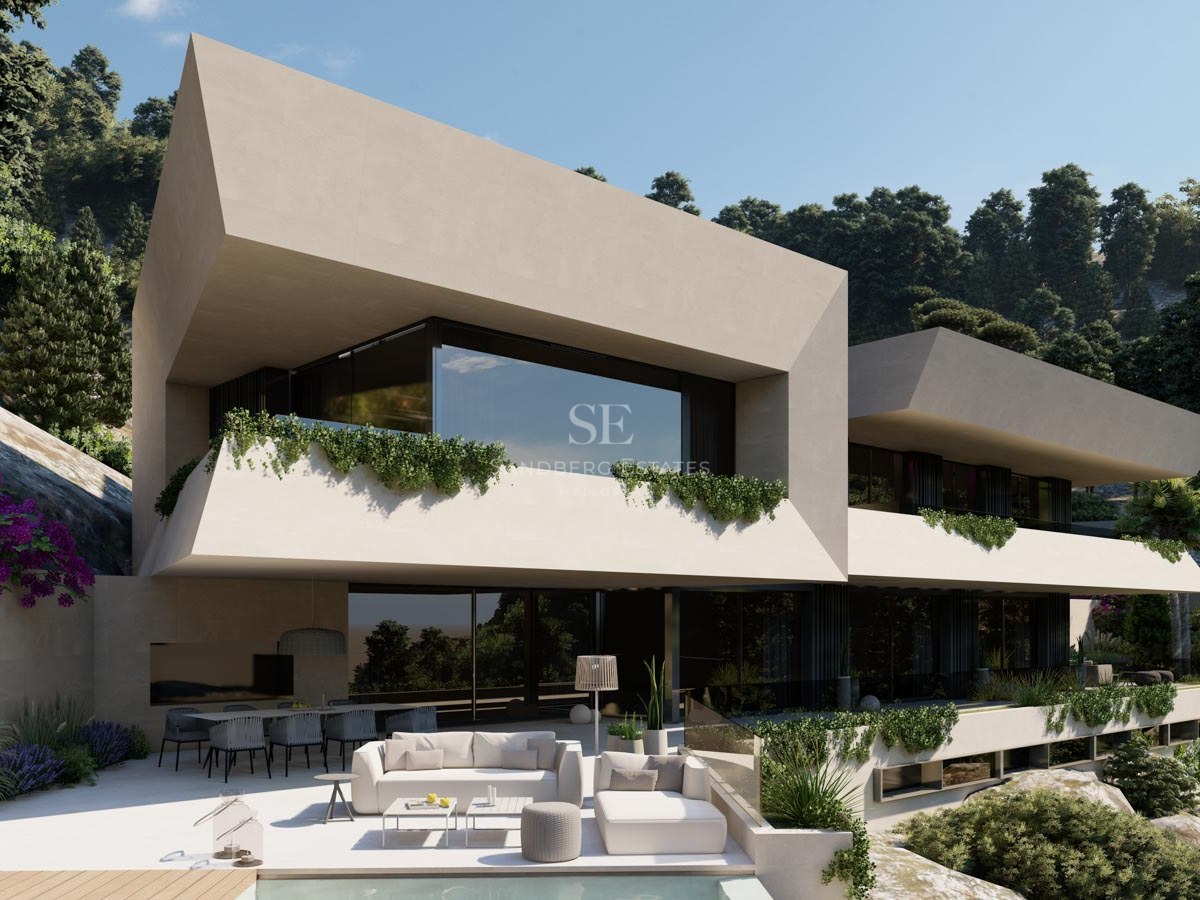 Villa moderna color arena con líneas geométricas, balcones de cristal y terraza exterior con sofás blancos y piscina.