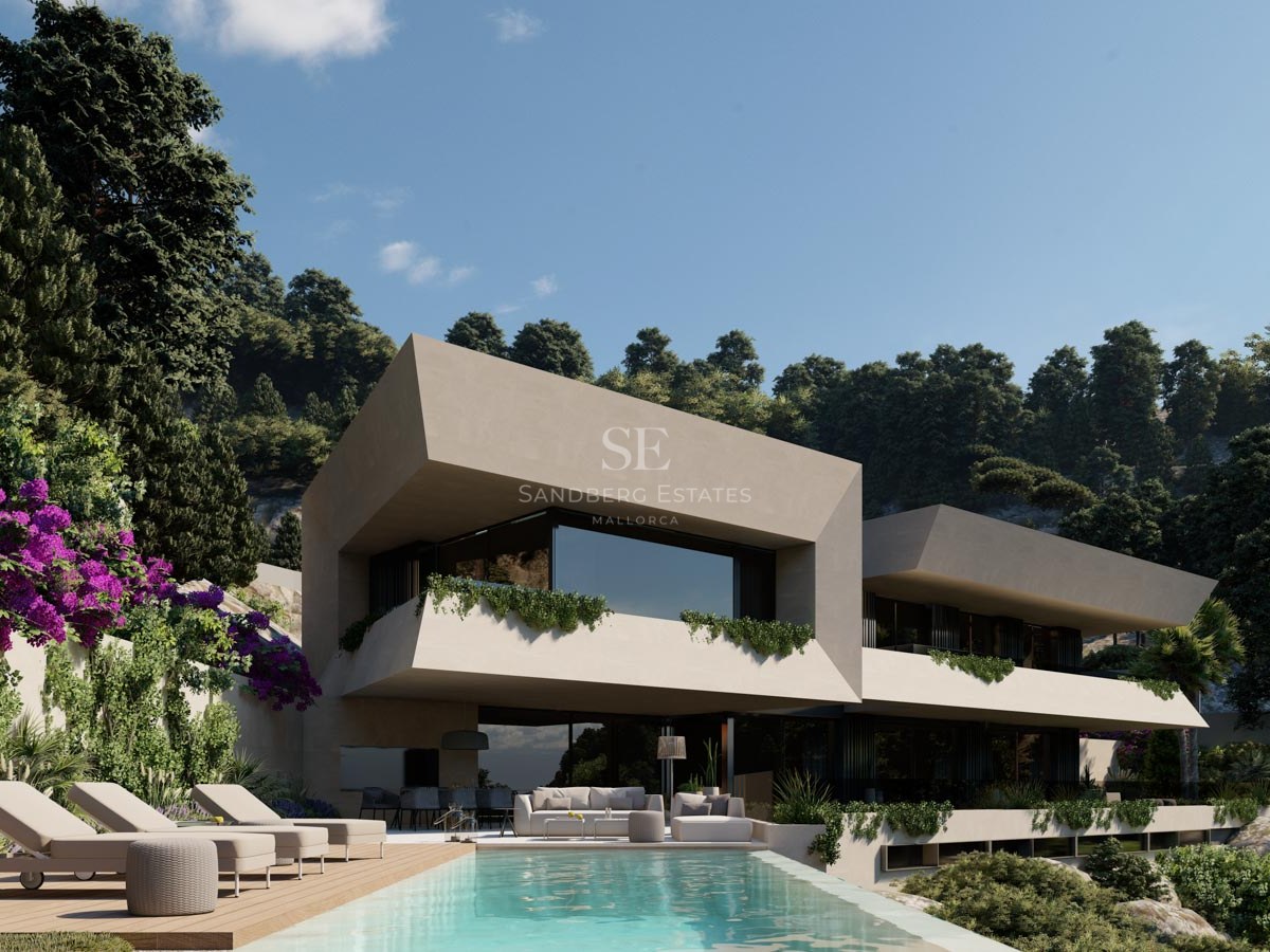 Villa moderna de dos plantas con balcones voladizos, piscina infinita y frondosos jardines en la ladera.