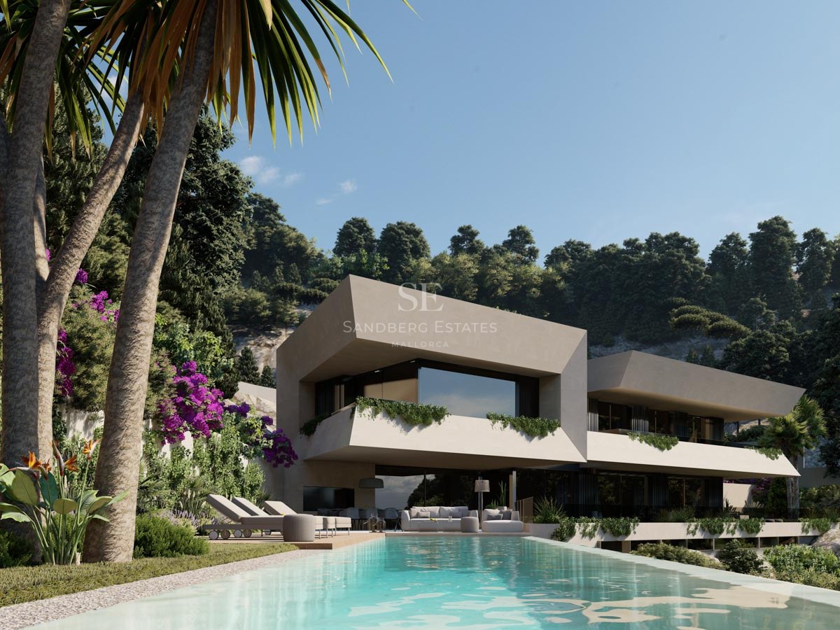 Villa de lujo contemporánea con piscina infinita, diseño en voladizo, palmeras y buganvillas.