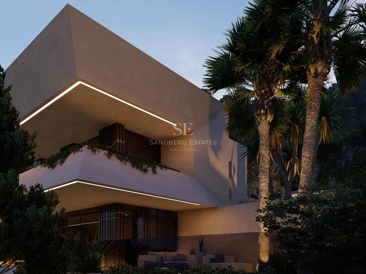 Vista al atardecer de una villa contemporánea con balcones geométricos de hormigón e iluminación LED cálida.