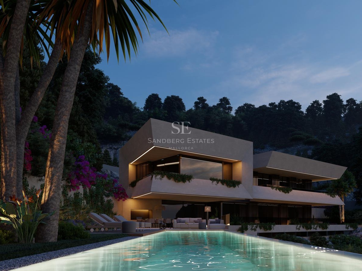 Villa moderna de dos plantas con balcones en voladizo sobre piscina iluminada y vegetación tropical al anochecer.