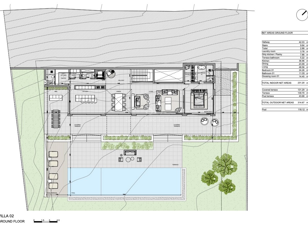 Arkitektonisk planritning över bottenvåningen med vardagsrum, sovrum, stor terrass och infinitypool.
