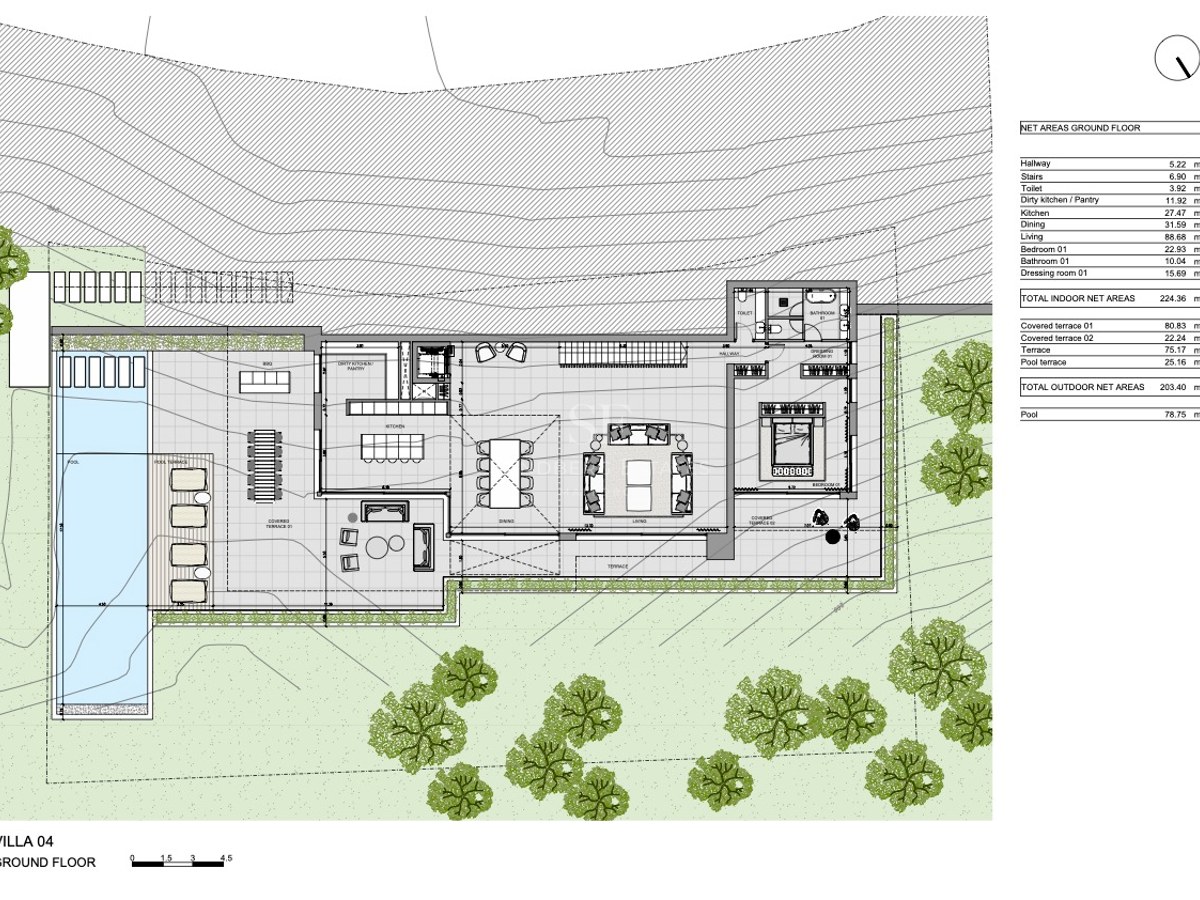 Arkitektonisk planritning över en lyxvilla med öppen planlösning, master-svit och pool.