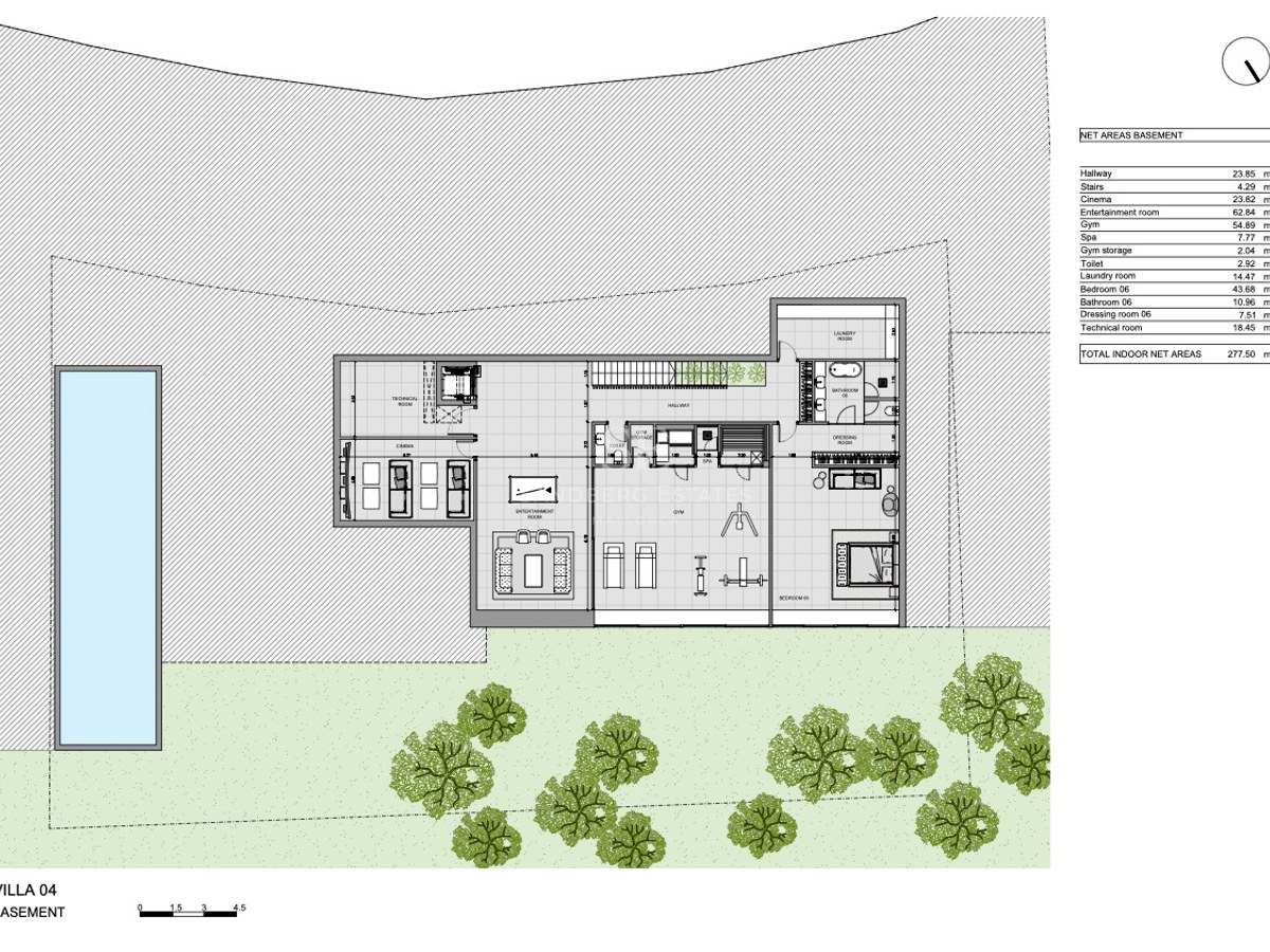 Teknisk planritning över källarvåningen i en lyxvilla med bio, gym, spa och gästsvit.