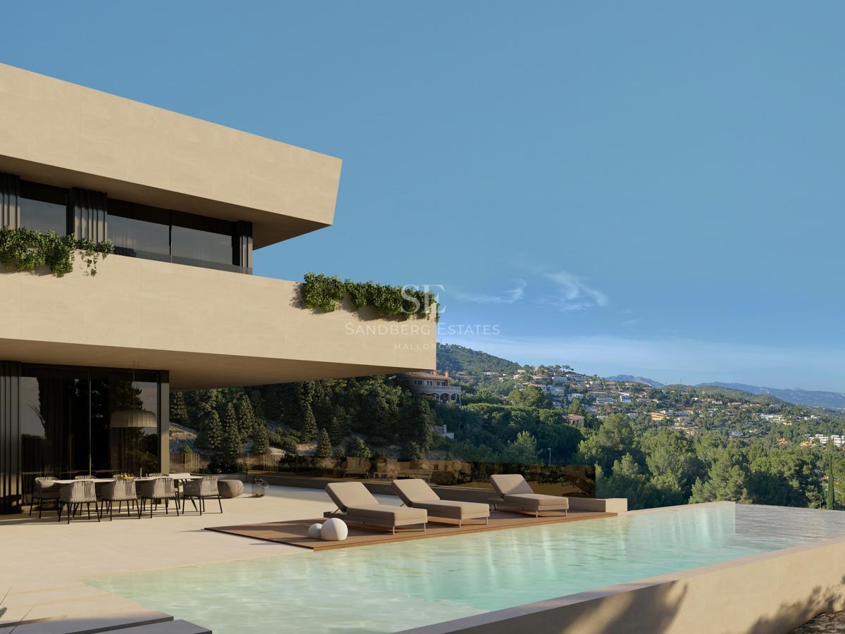 Exteriör av en samtida lyxvilla med turkos infinitypool och utsikt över en grönskande dal.