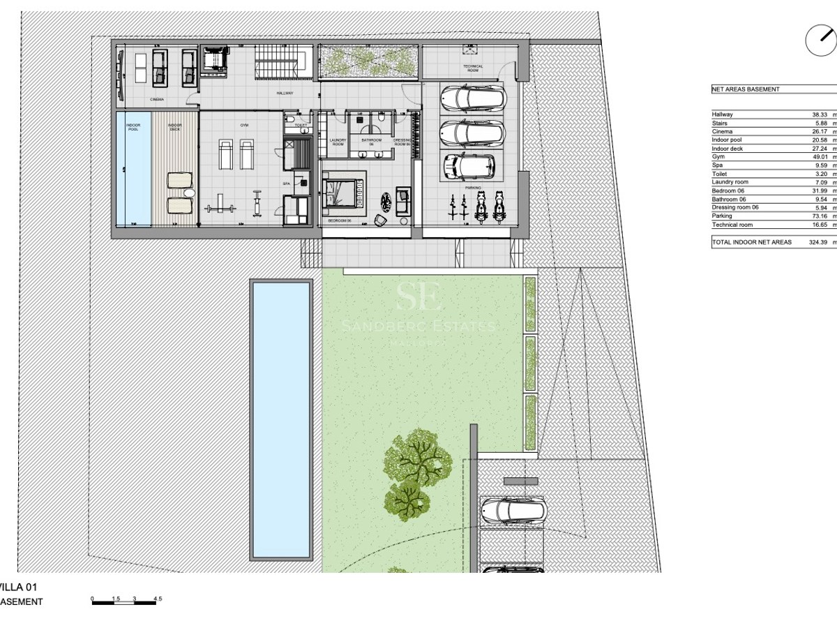 Arkitektonisk planritning över källarvåningen som visar hälsoavdelning, gym, biosalong och garage.