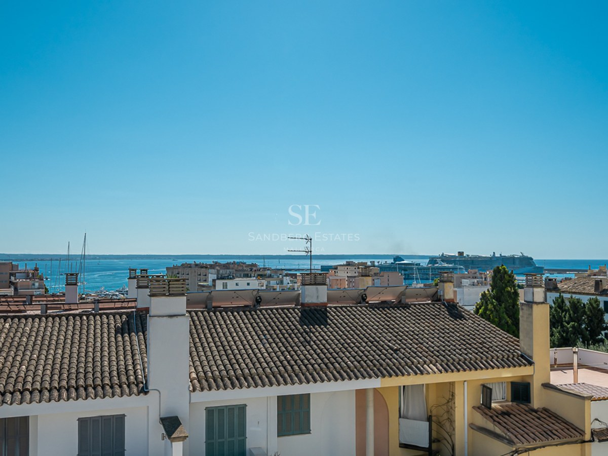 Vista elevada sobre tejados tradicionales hacia el mar azul con un crucero y veleros en el puerto.