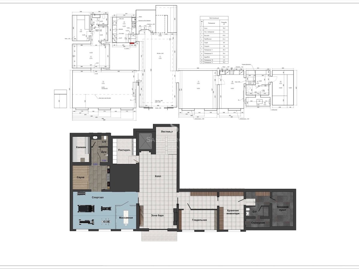 Plan d'architecte montrant l'aménagement du niveau inférieur, comprenant une salle de sport, un espace spa et un bar.