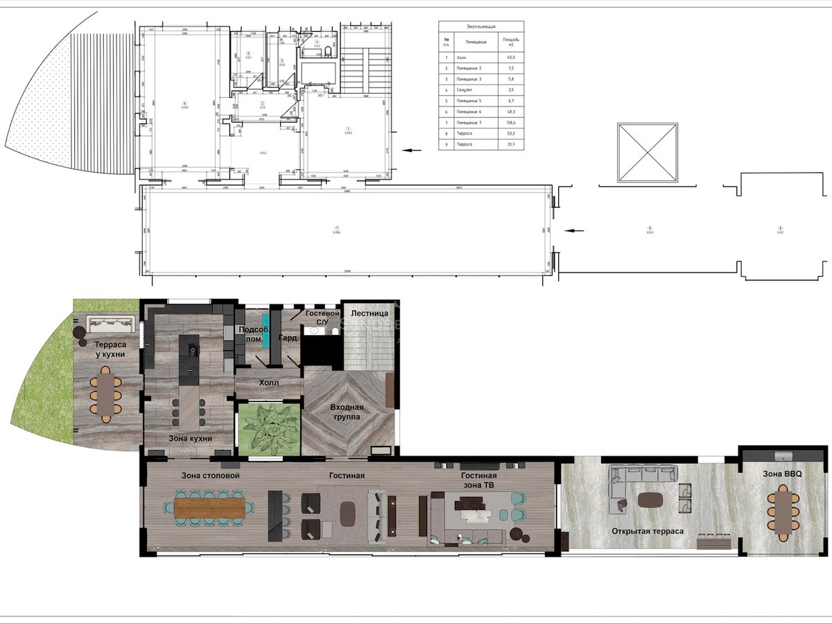 Plan d'architecte montrant un grand espace de vie ouvert, une cuisine et de vastes terrasses avec un coin barbecue.