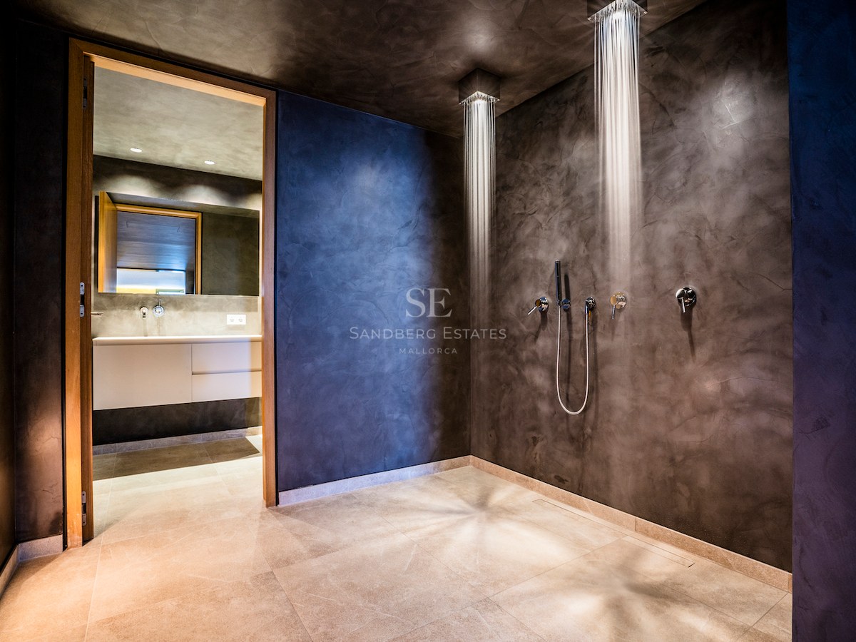 Modern walk-in shower with dual ceiling-mounted rainfall heads and charcoal micro-cement walls.