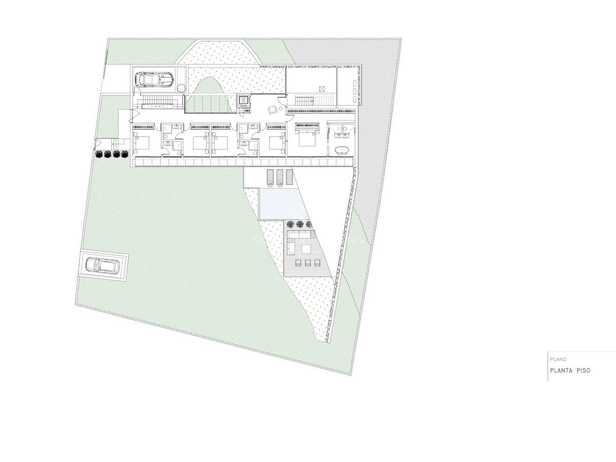 Plan architectural 2D montrant la disposition des chambres, salles de bains, terrasses et piscine.