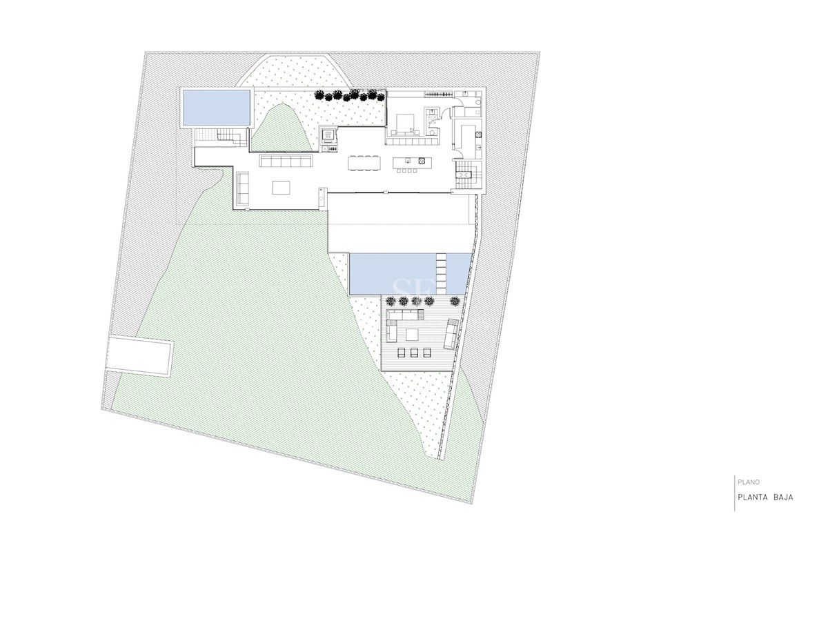Plan d'architecte 2D détaillé montrant l'aménagement d'une villa moderne avec piscine, jardin et terrasses.