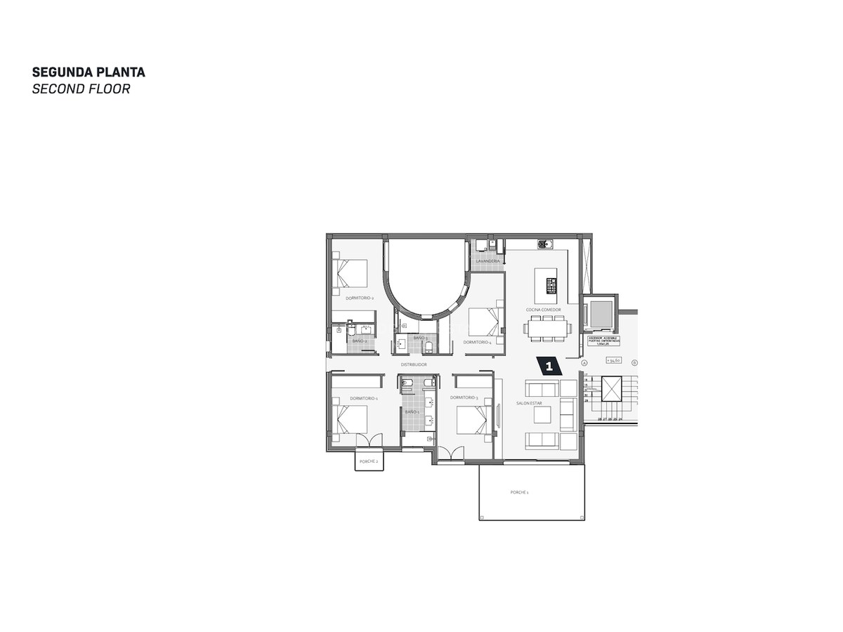 Plan technique du deuxième étage montrant quatre chambres, un salon ouvert et une terrasse spacieuse.
