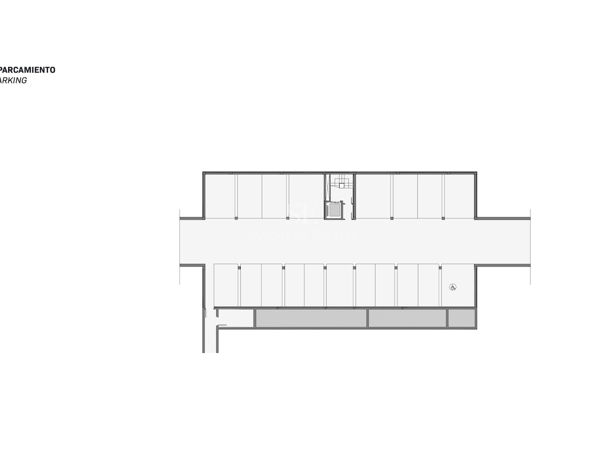 Plan architectural en 2D d'un parking privé avec plusieurs places et accès central par ascenseur.