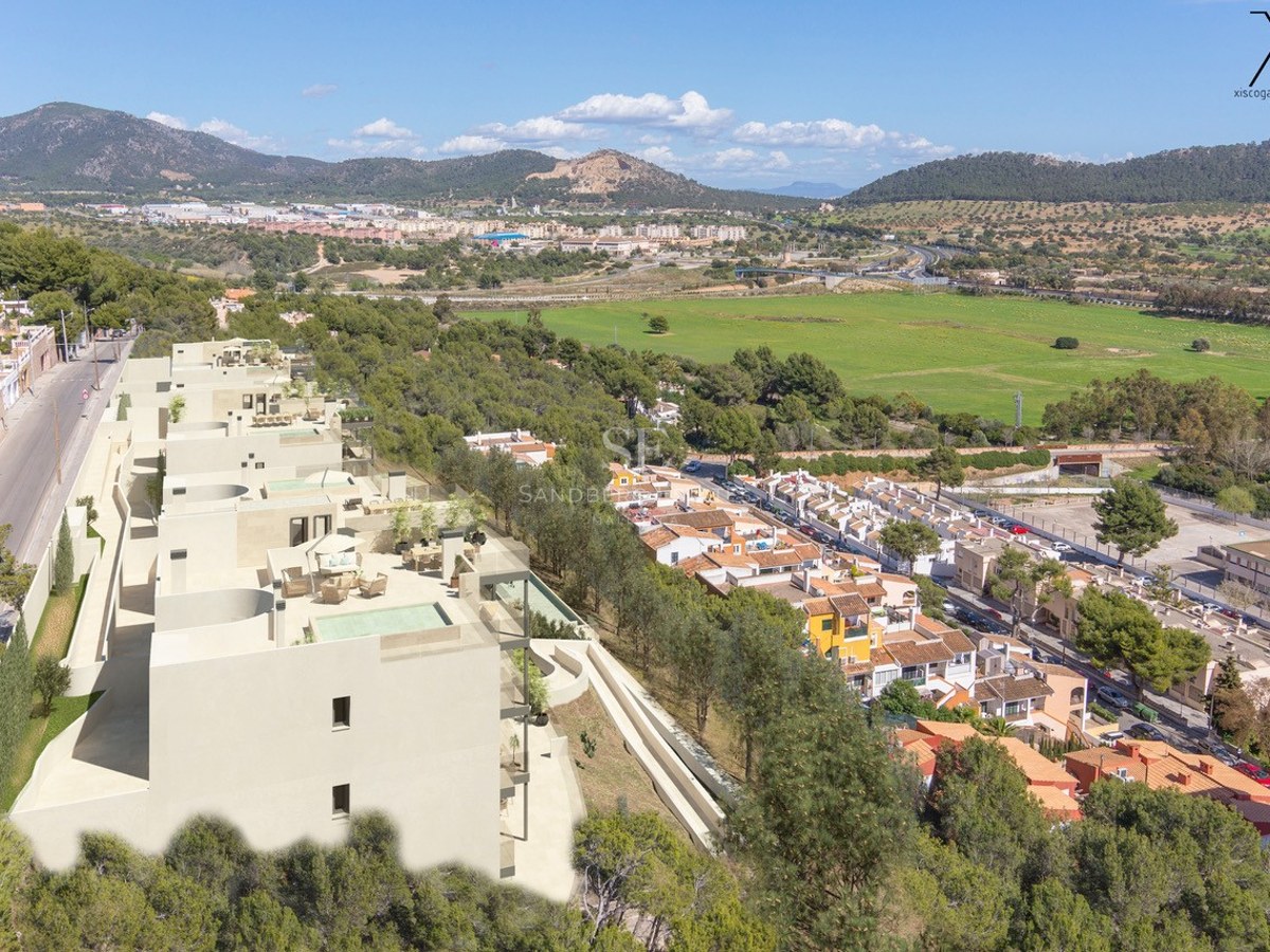 Rendu aérien d'un complexe résidentiel moderne entouré de pins avec vue sur les montagnes et la vallée.