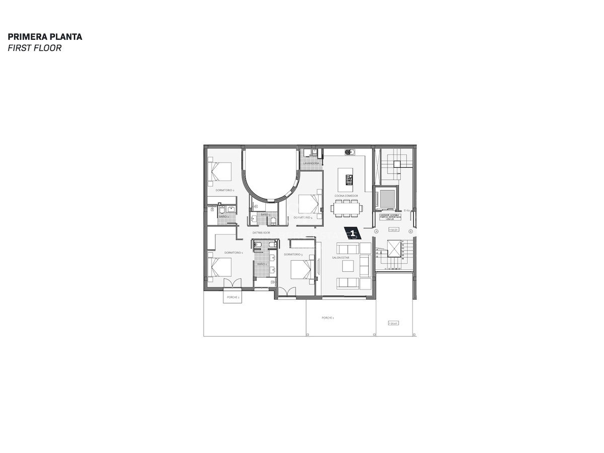 Plan d'architecte 2D montrant quatre chambres, un espace de vie ouvert et de grandes terrasses.