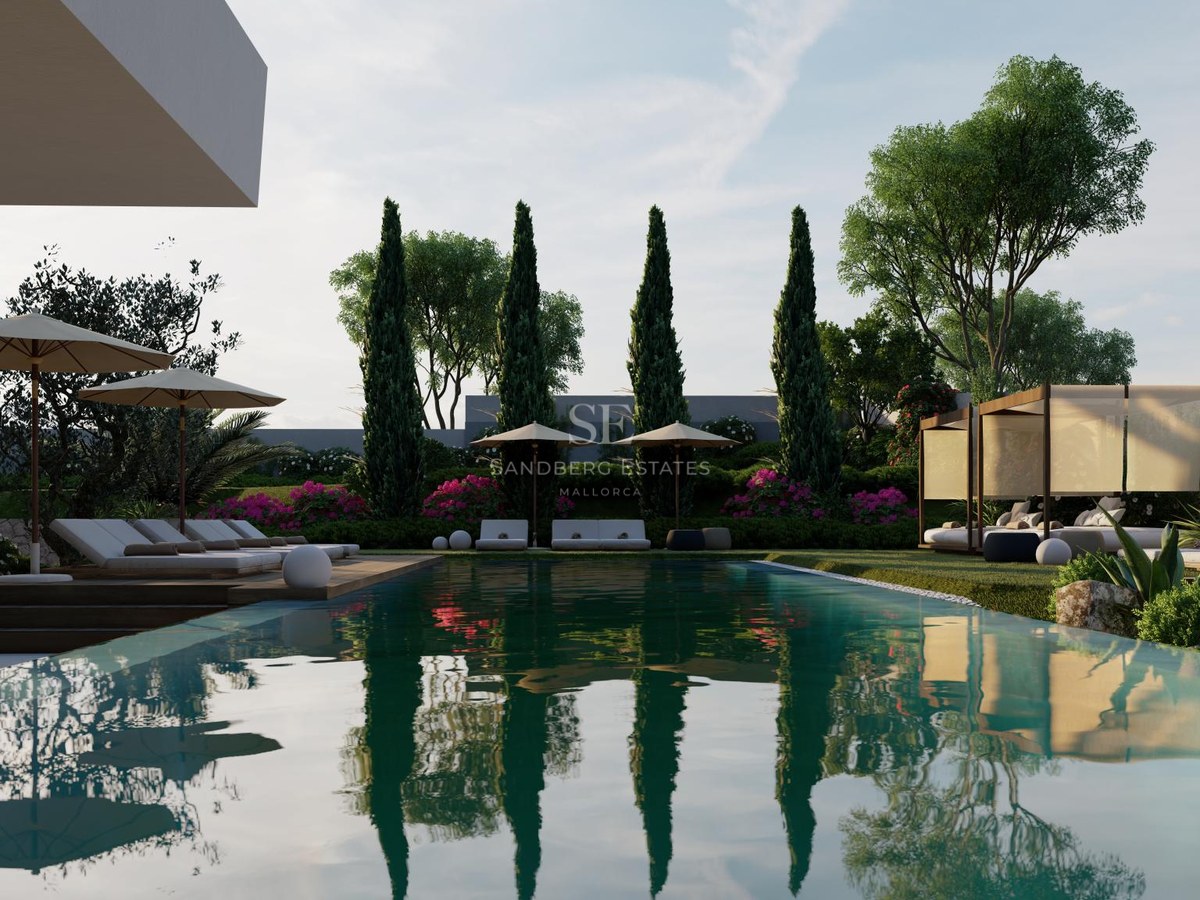 Large rectangular swimming pool reflecting cypress trees, surrounded by sunbeds, cabanas, and lush Mediterranean greenery.