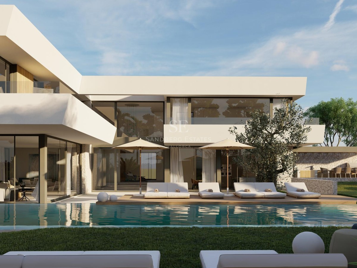 Exterior view of a sleek white modern villa featuring a long swimming pool, white designer loungers, and large glass walls.