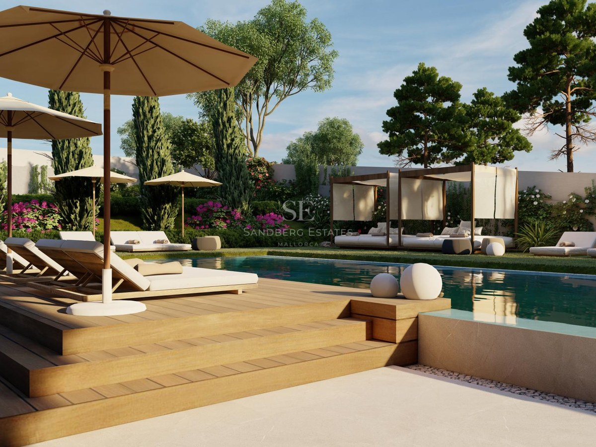 Turquoise swimming pool with wooden steps, sun loungers under beige umbrellas, and lush Mediterranean landscaping.