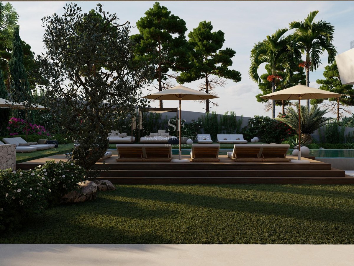 Luxury pool area with wooden decking, white sun loungers, and lush Mediterranean landscaping with olive trees.