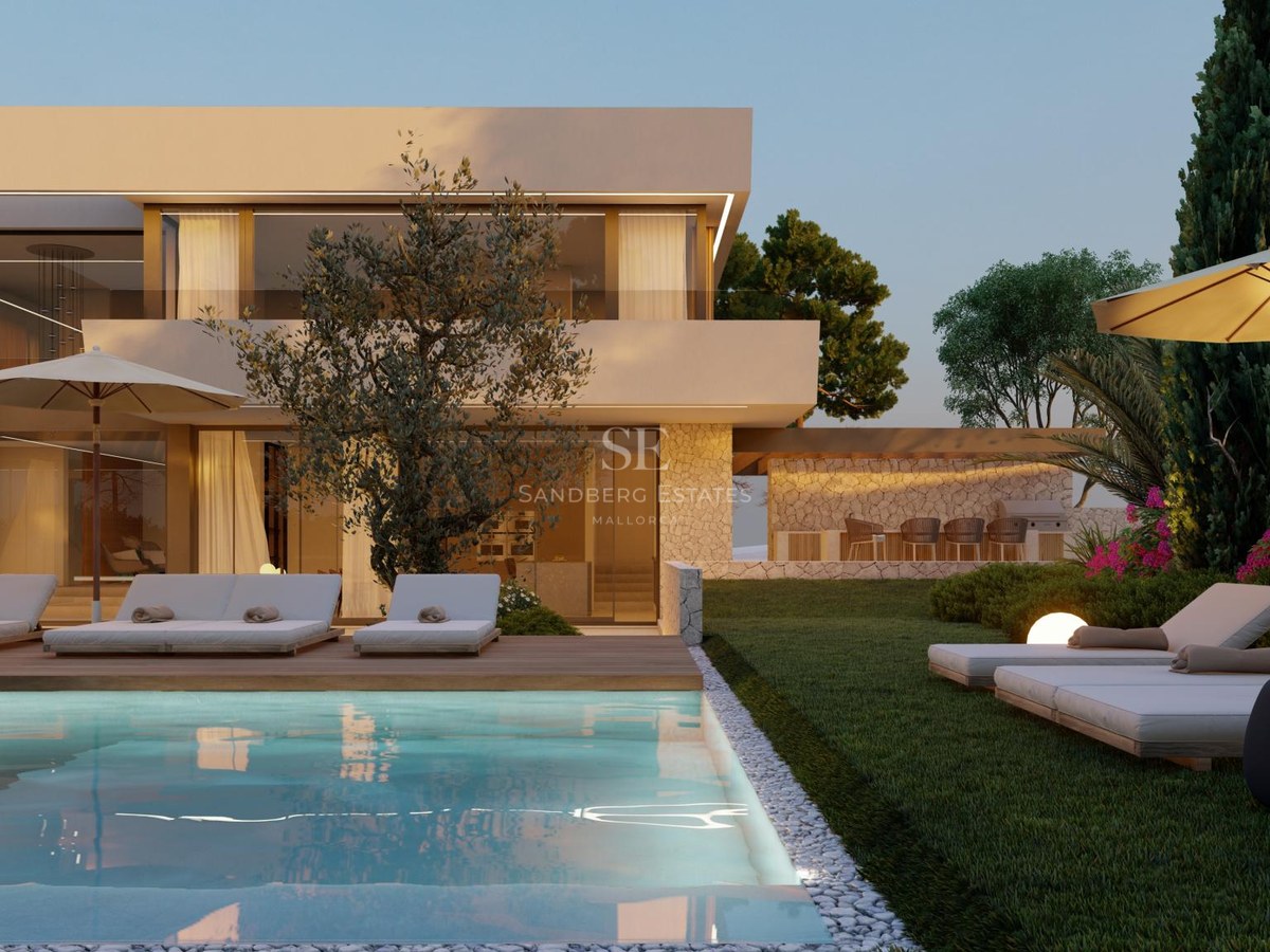 Luxury swimming pool and sun loungers in front of a modern two-story villa with natural stone walls at sunset.