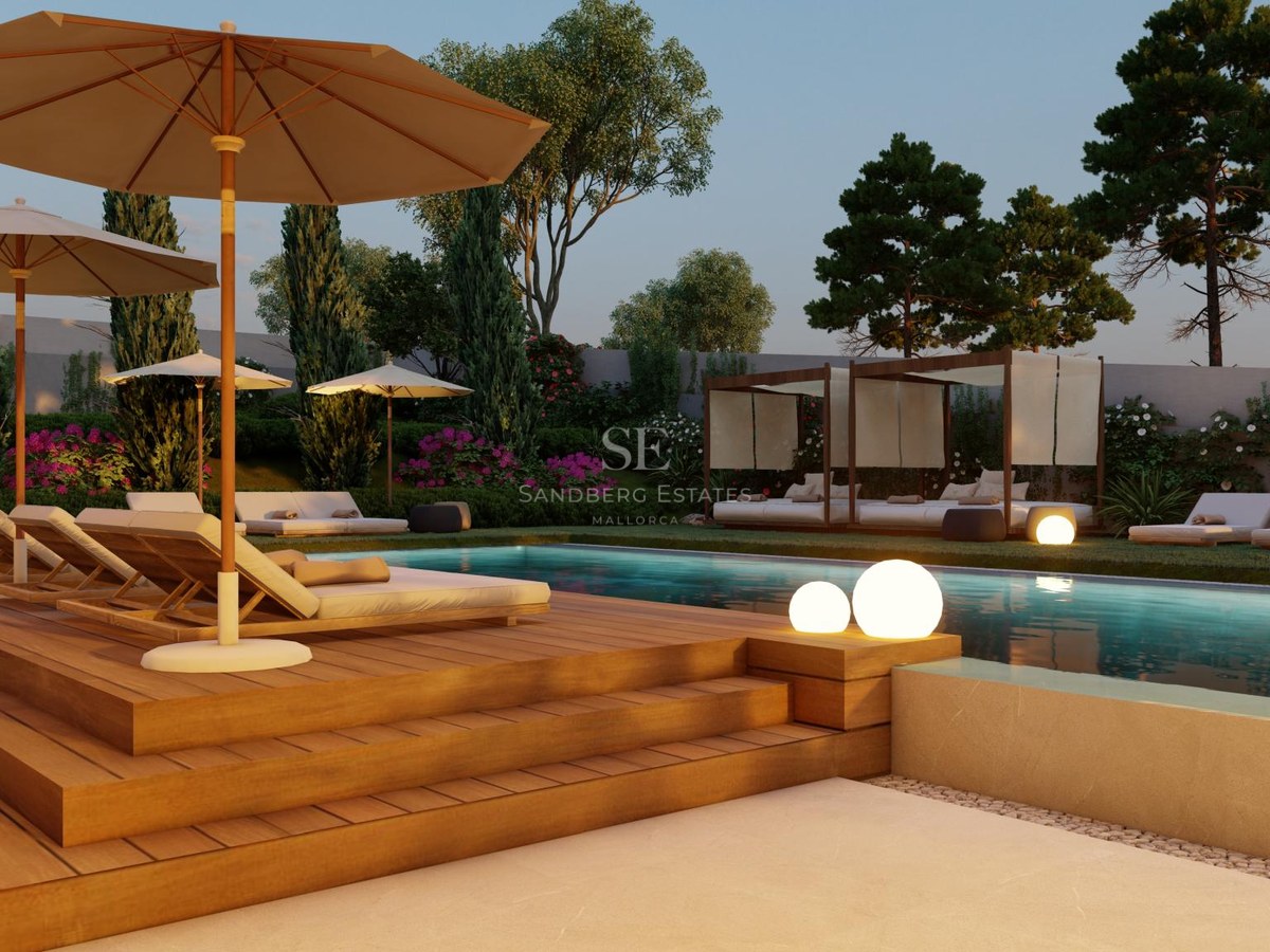 High-end swimming pool area at dusk with multi-level wooden decking, sun loungers under umbrellas, and glowing orb lights.
