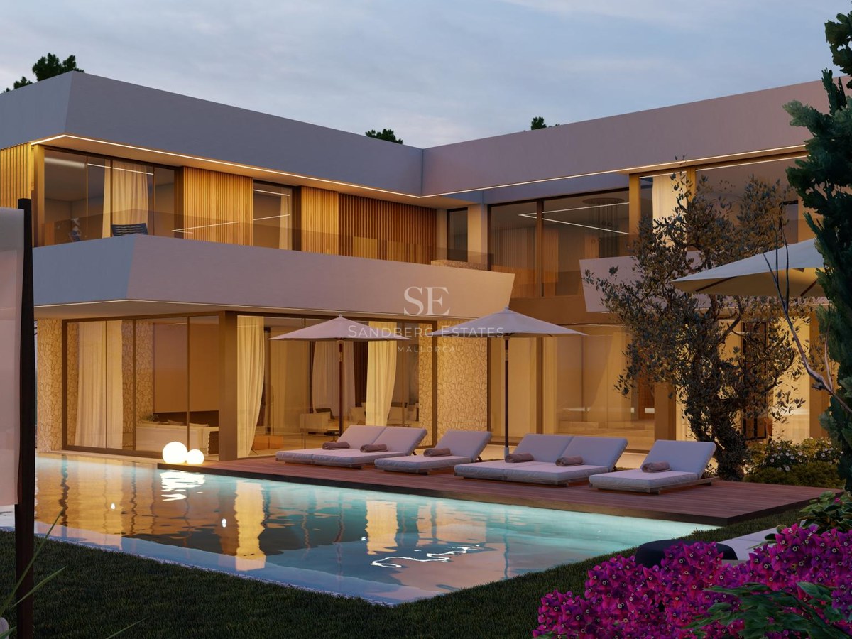 Contemporary two-story villa at twilight featuring an illuminated swimming pool, wooden deck, and glass walls.