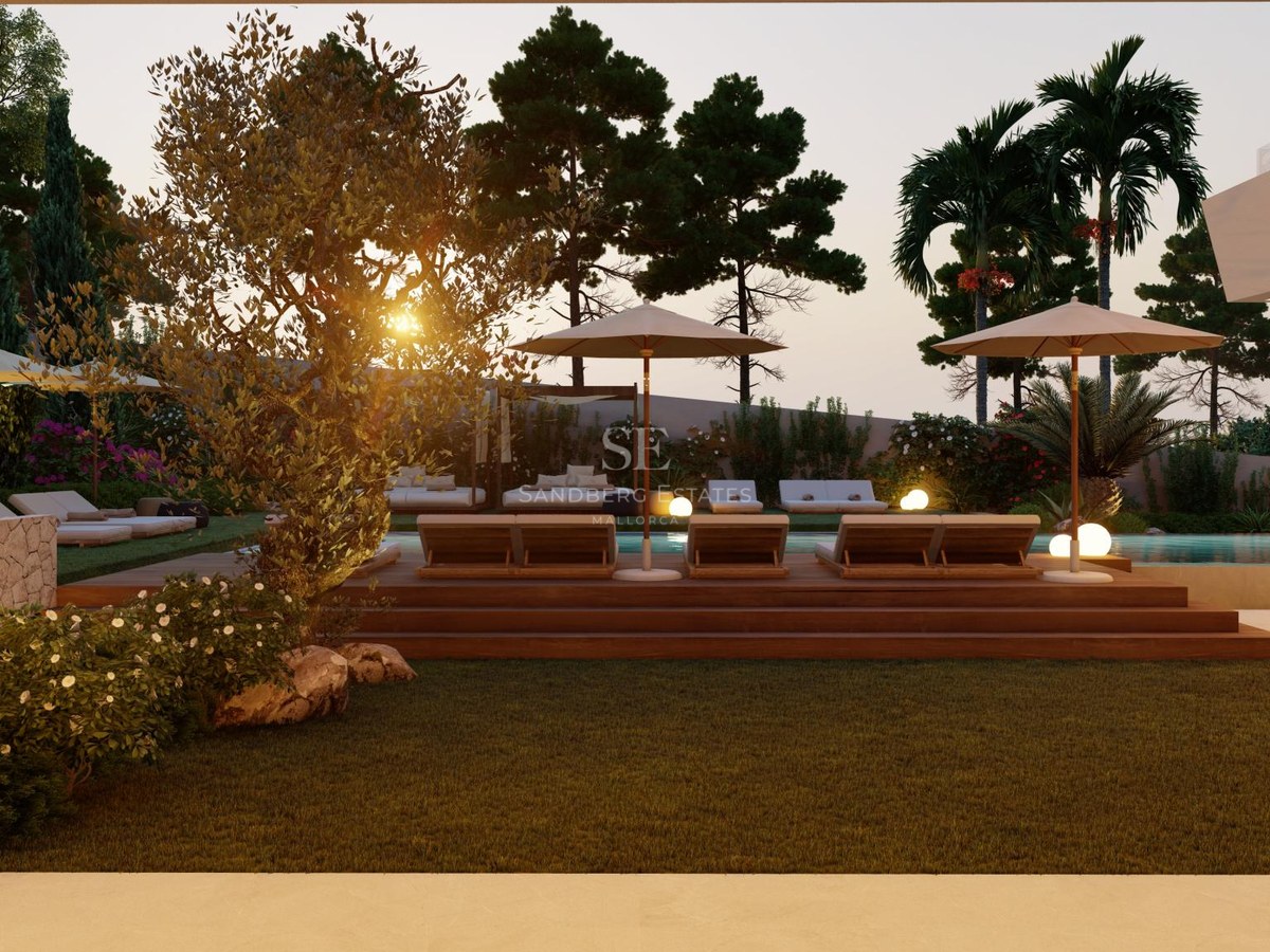 Luxury sun loungers on a wooden deck by an infinity pool at sunset, surrounded by lush gardens and palm trees.