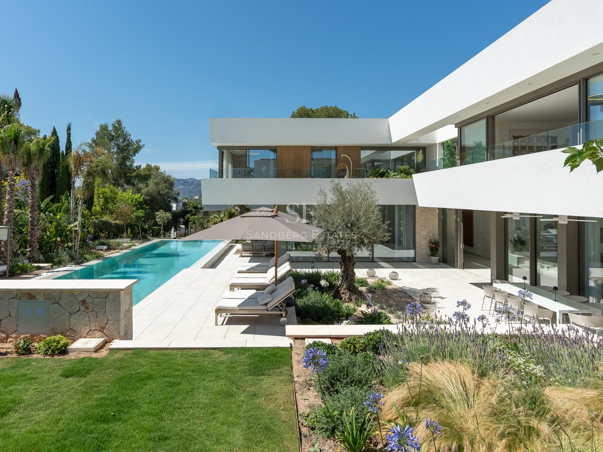 Modern white villa with a long turquoise lap pool, sun loungers, and Mediterranean landscaping under a clear blue sky.