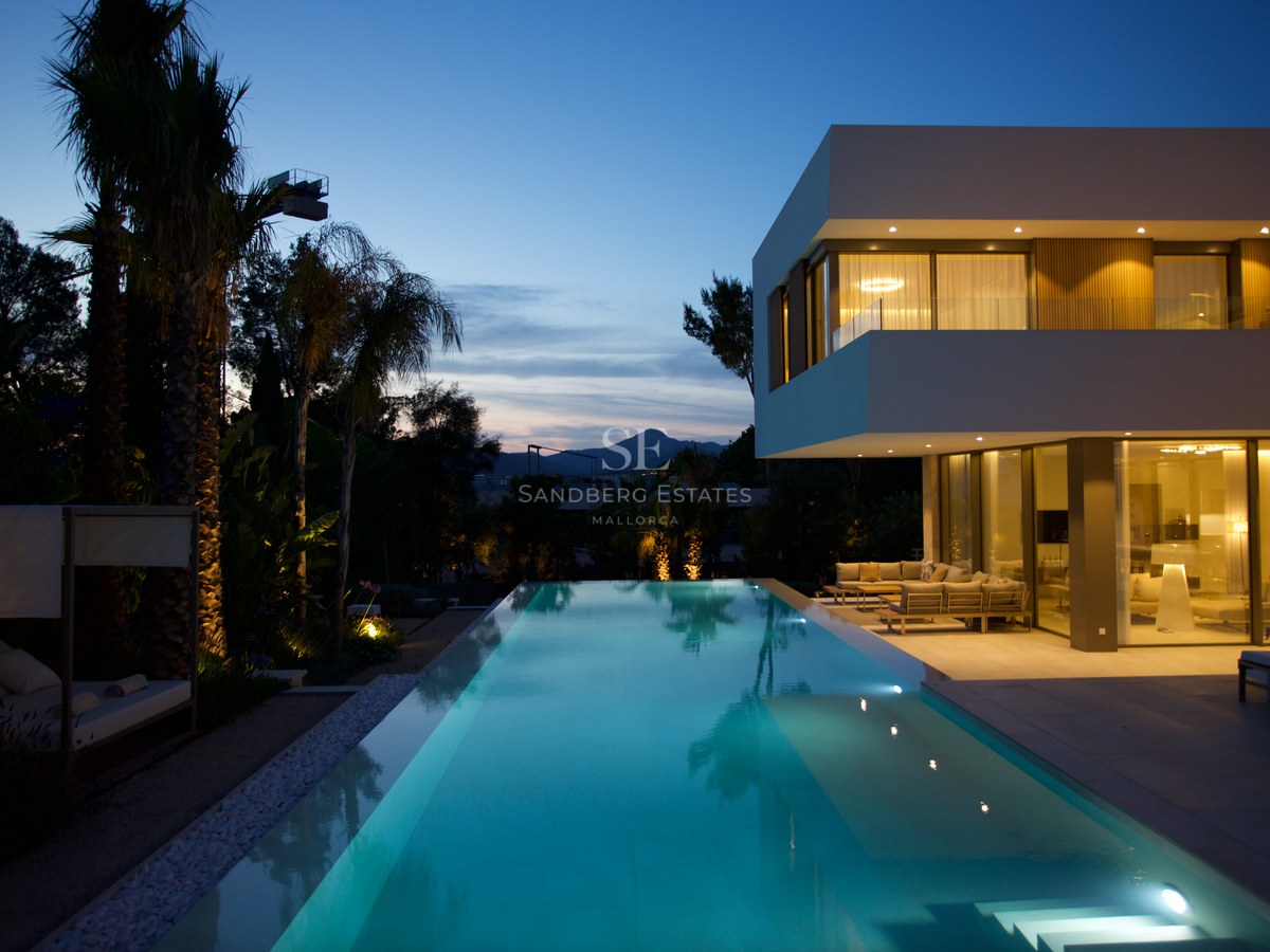 Contemporary two-story villa with a long swimming pool reflecting twilight sky and palm trees in a garden setting.