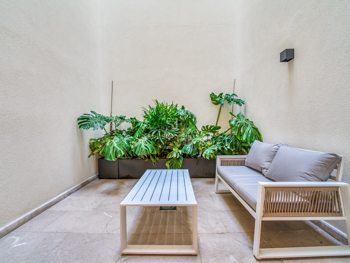 Terrasse minimaliste avec canapé blanc, table basse et jardinière de Monstera dans un patio intérieur.